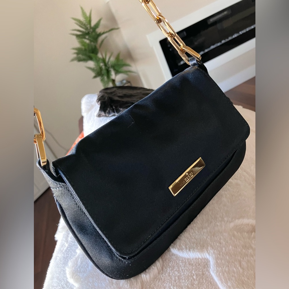 Vintage Gucci Black Satin Bag with Gold Accent - Picture 2 of 14